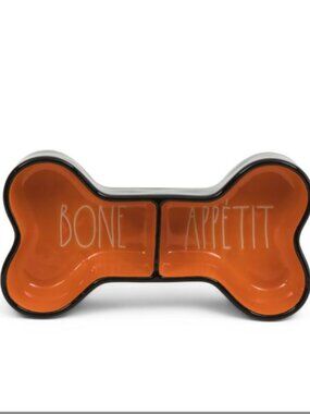 NWT Rae Dunn - BONE APPETITE - Glazed Ceramic Dual Pet dog/cat DISH